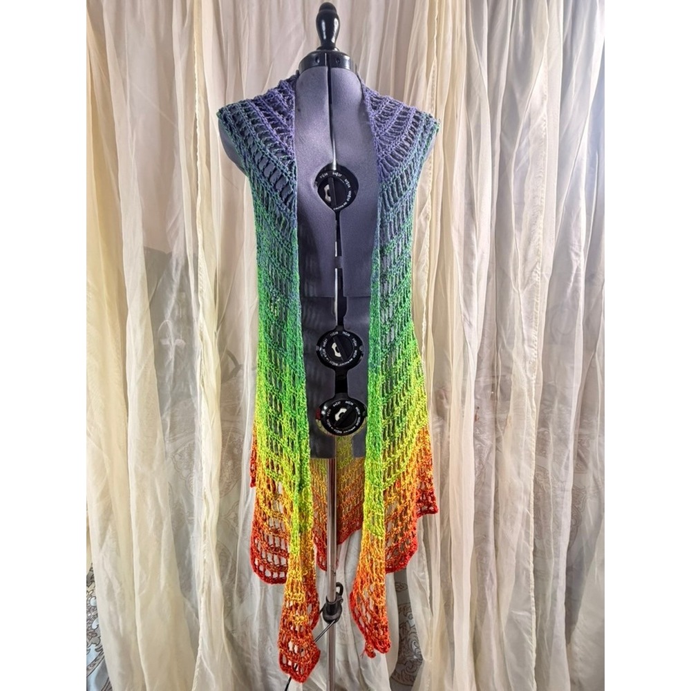 Handmade Rainbow Ombre Crochet Vest Longline Open Knit Boho Festival Layer